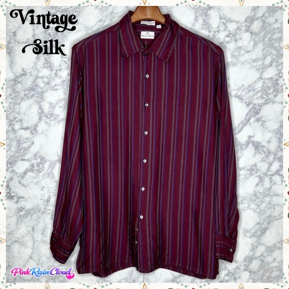 Neiman Marcus Men’s 80s SILK Stripe Button Up Dress Shirt Size Large